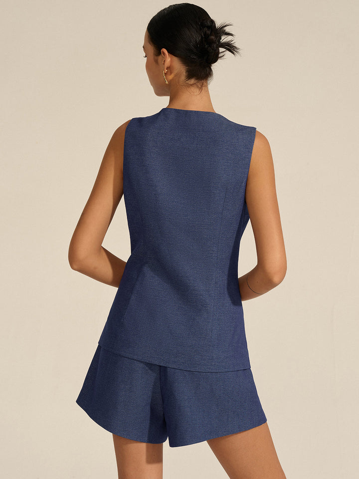 Sleeveless Button-Front Vest and Shorts Set
