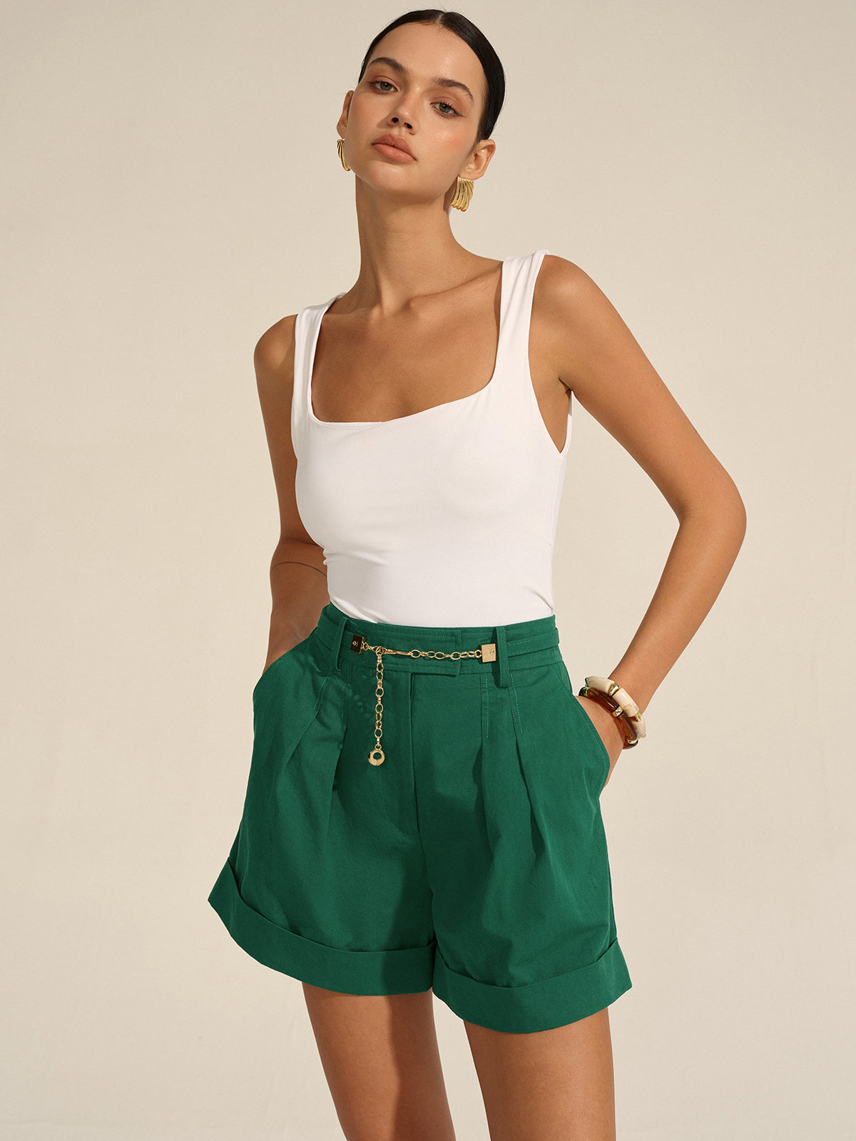 Pleated Cuffed Shorts with Gold Chain Detail