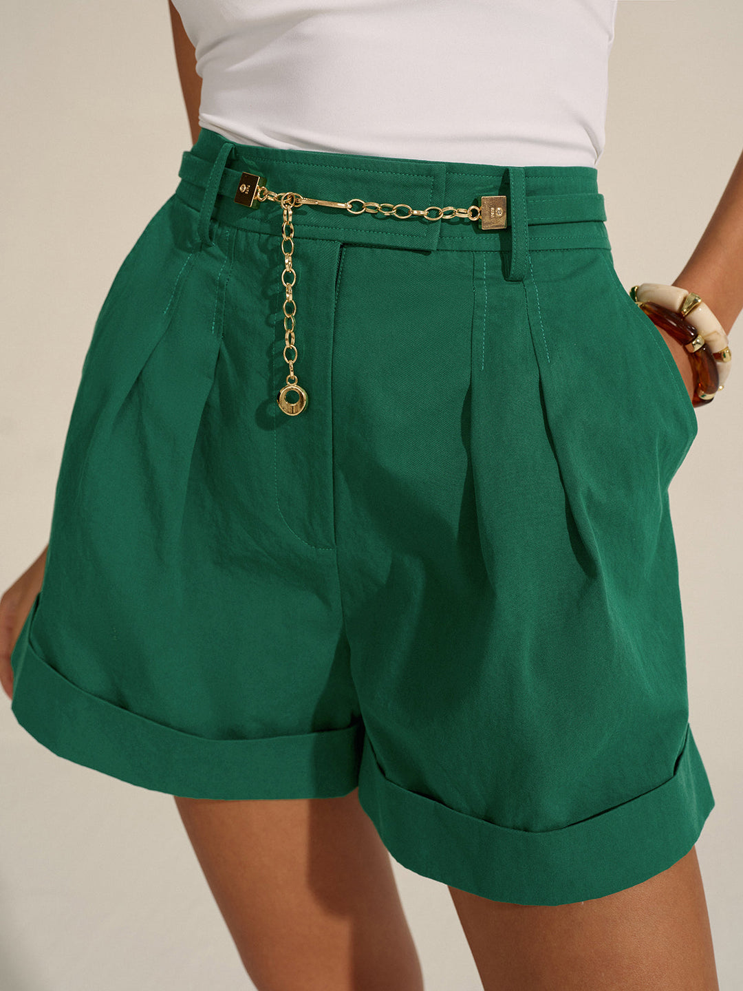 Pleated Cuffed Shorts with Gold Chain Detail