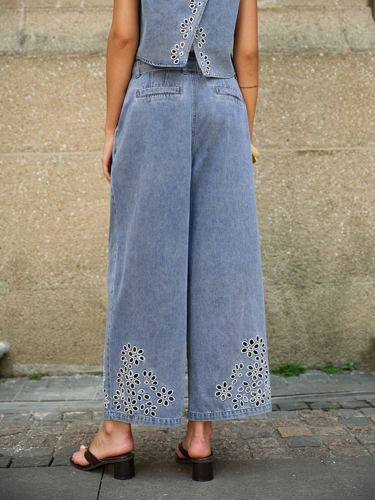 Denim Embroidery Tie-Waist Pants