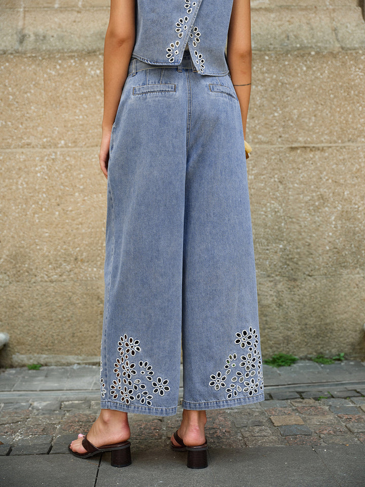 Denim Embroidery Tie-Waist Pants