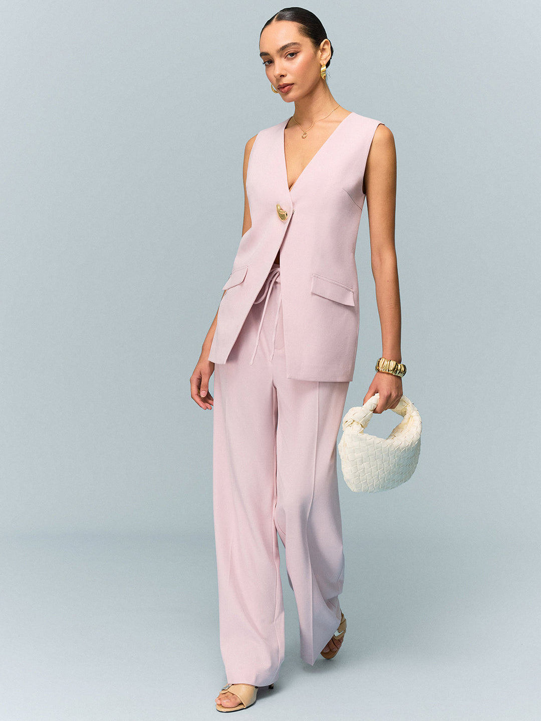 Mid-Waisted Wide-Leg Pants with Tie Detail