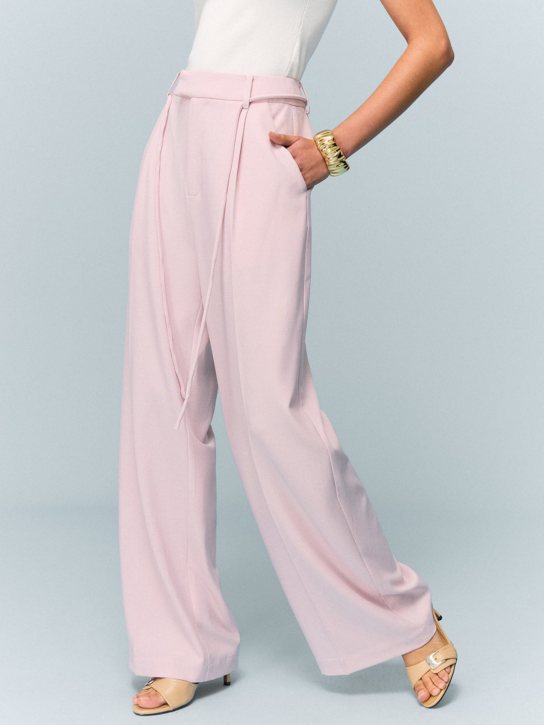 Mid-Waisted Wide-Leg Pants with Tie Detail