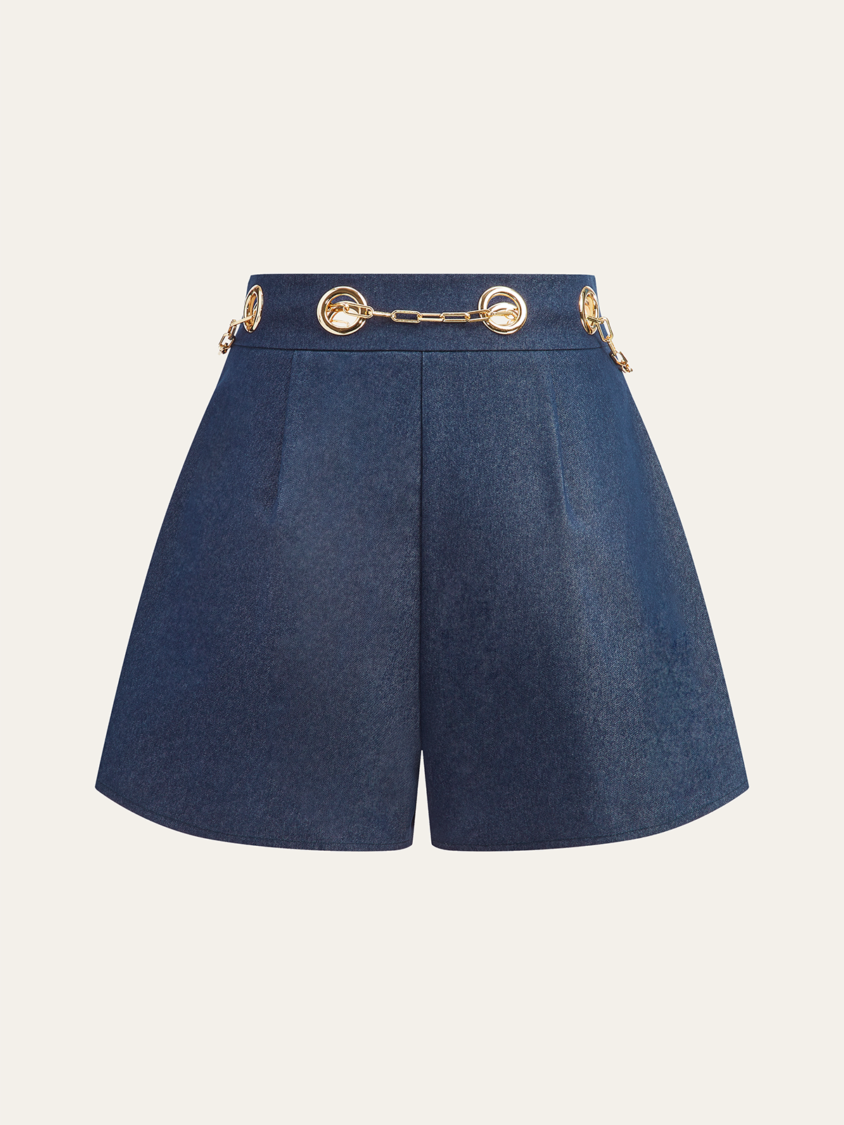Faux Denim Shorts with Metal Chain Belt