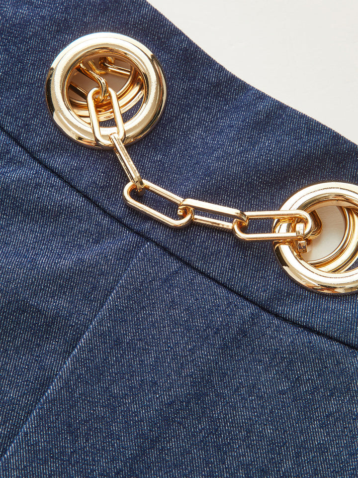 Faux Denim Shorts with Metal Chain Belt