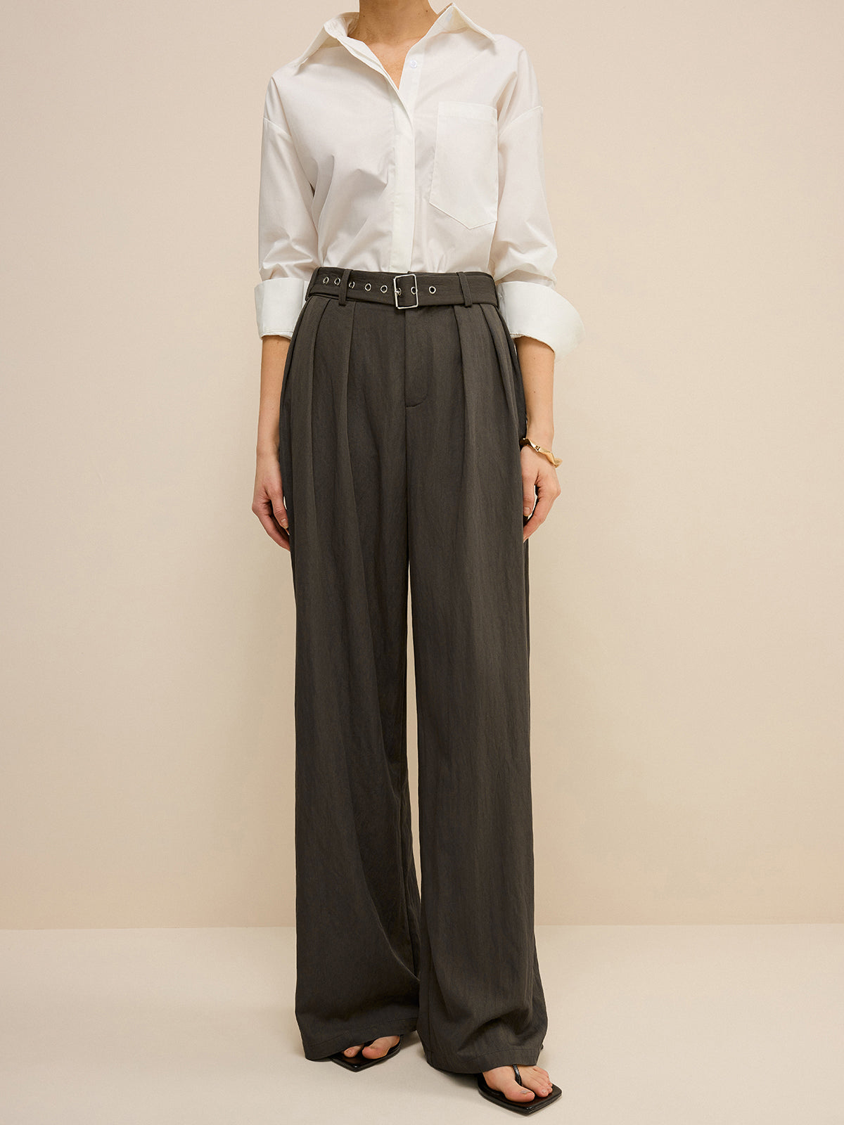Army Green Belted Pleated Wide-Leg Pants