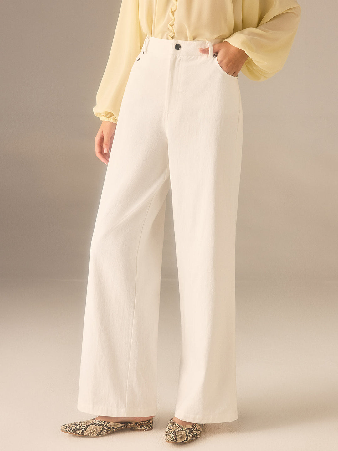 Cotton Twill Wide-Leg Pants with Metal Rivet Button