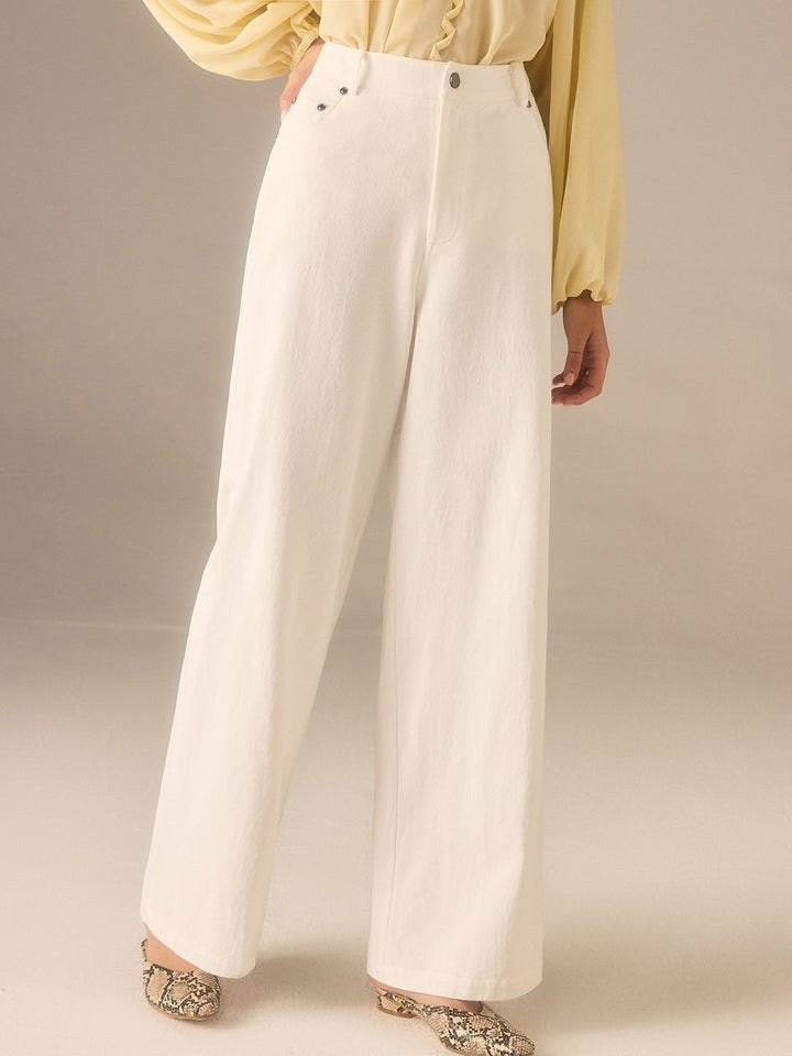 Cotton Twill Wide-Leg Pants with Metal Rivet Button