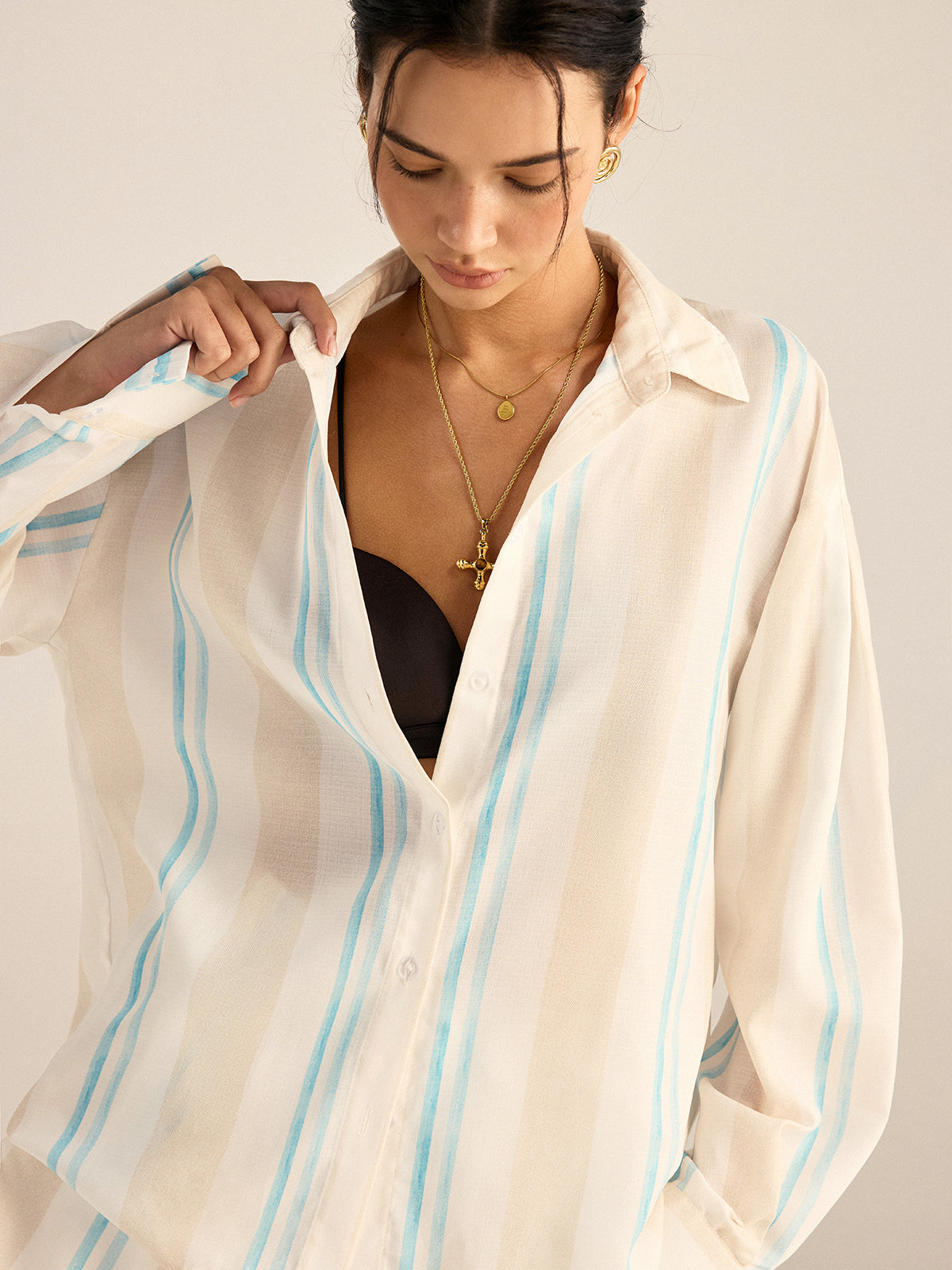 Color-Block Striped Oversized Shirt and Shorts Set