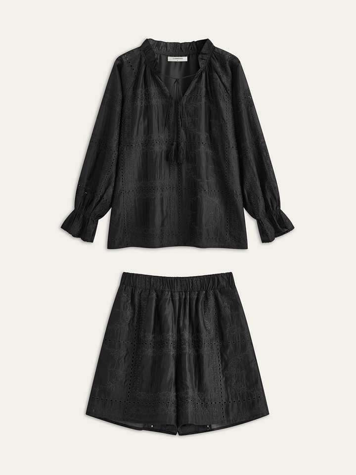 Embroidery Detail Long Sleeve Shorts Set