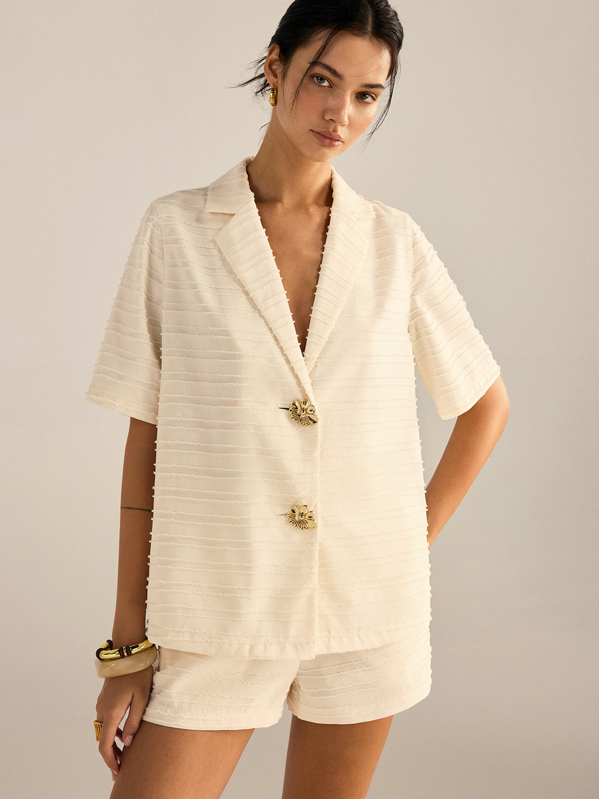 Textured Short-Sleeve Blazer and Shorts Set