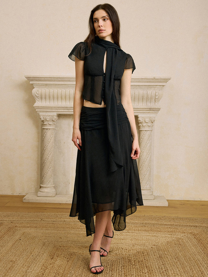 Scarf Neckline Chiffon Skirt Set
