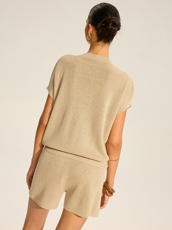 Semi-Sheer V-Neck Top and Drawstring Shorts Set