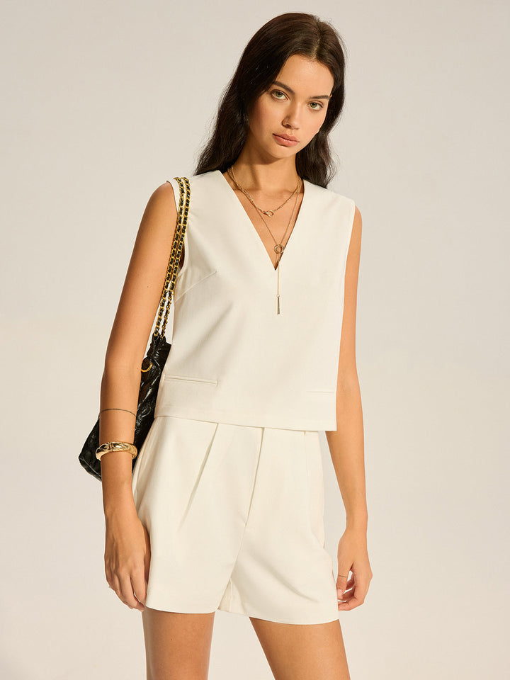 V-Neck Pocketed Top and Pleated Shorts Set
