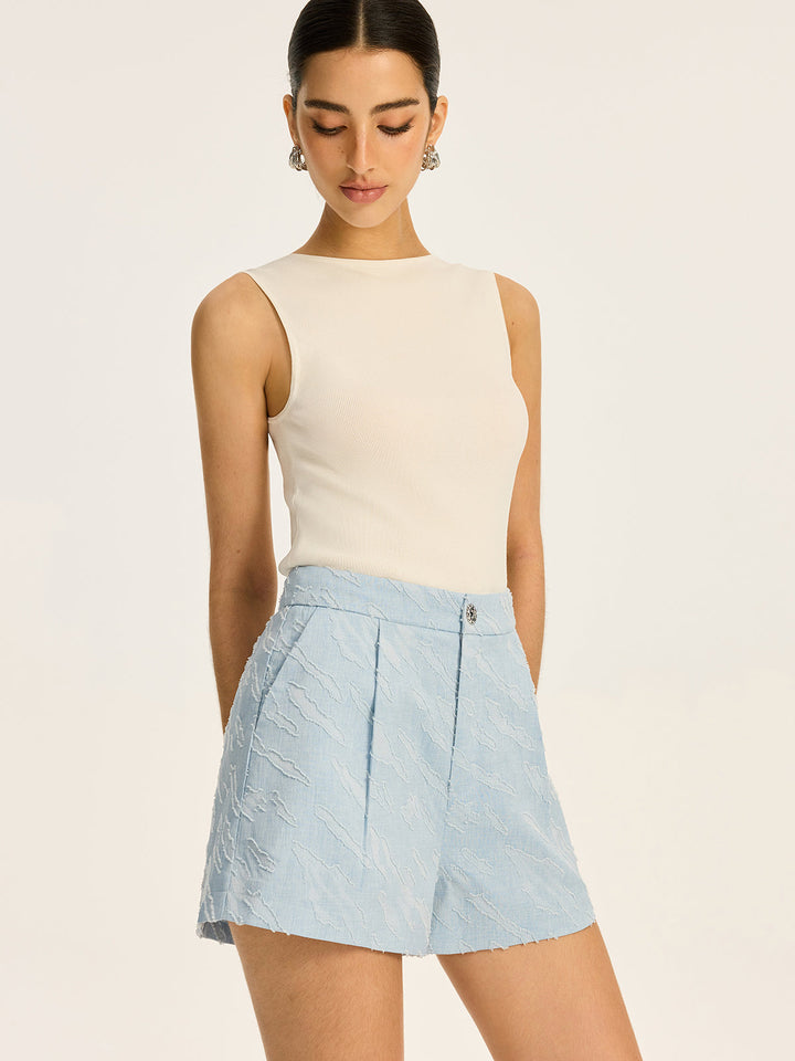 Textured Fabric Metal Button Mid-Waisted Shorts