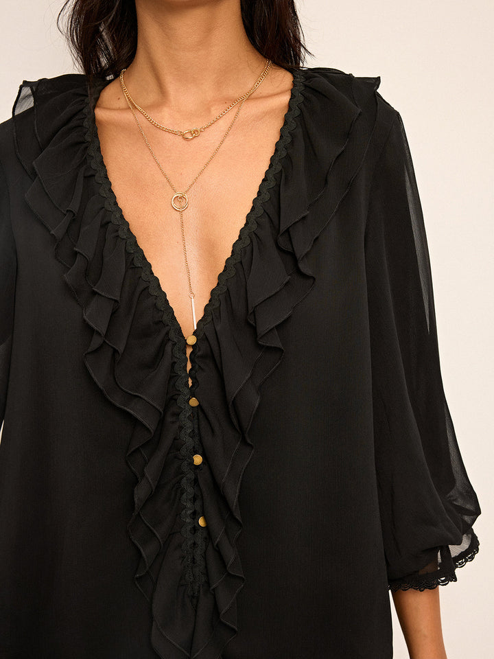 Ruffled Button Chiffon Top and Shorts Set