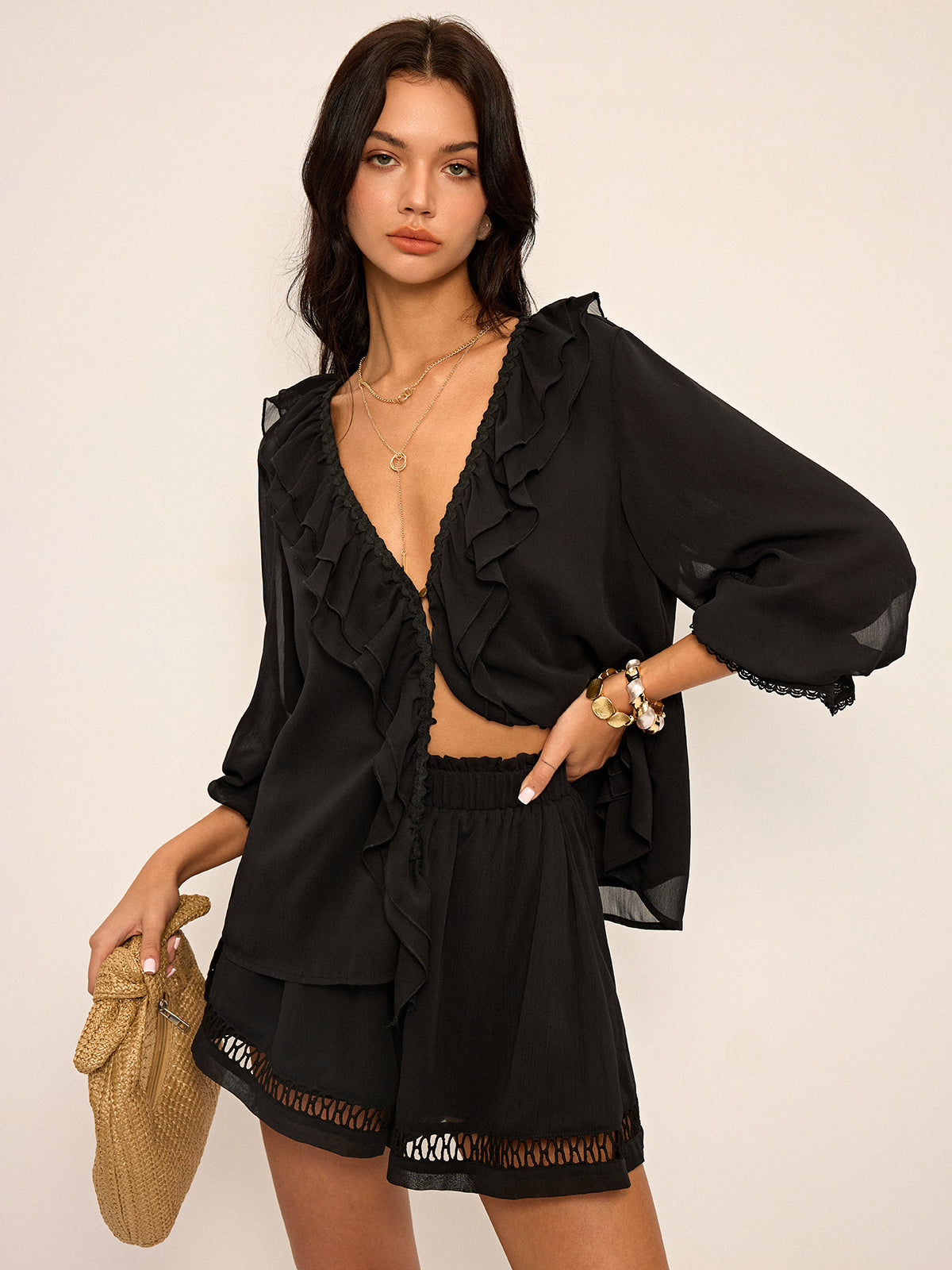 Ruffled Button Chiffon Top and Shorts Set