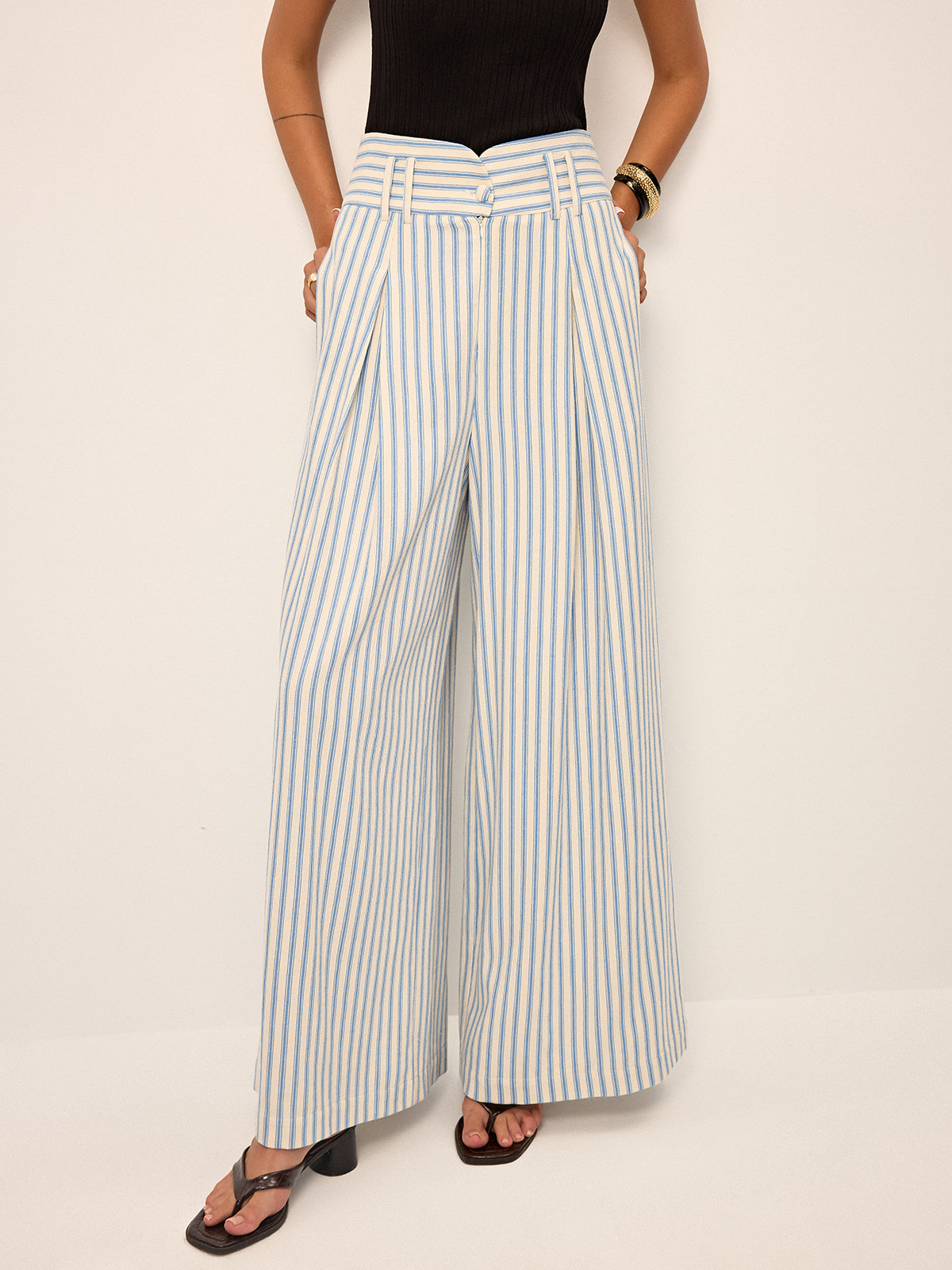 Cotton Striped Pleated Wide-Leg Pants
