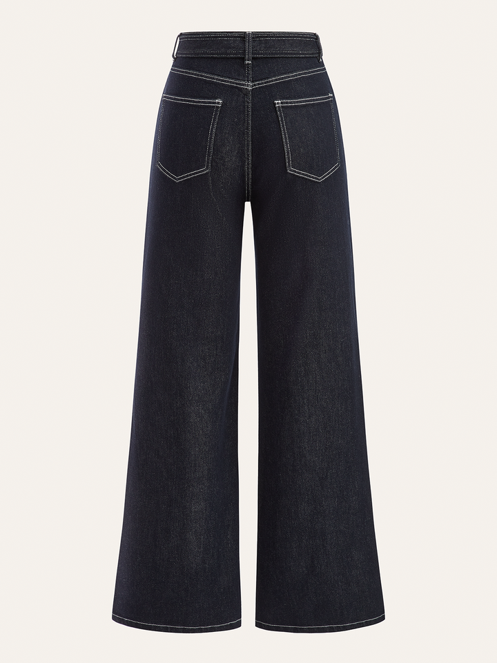 Denim Contrast-Stitch Pants with Belt
