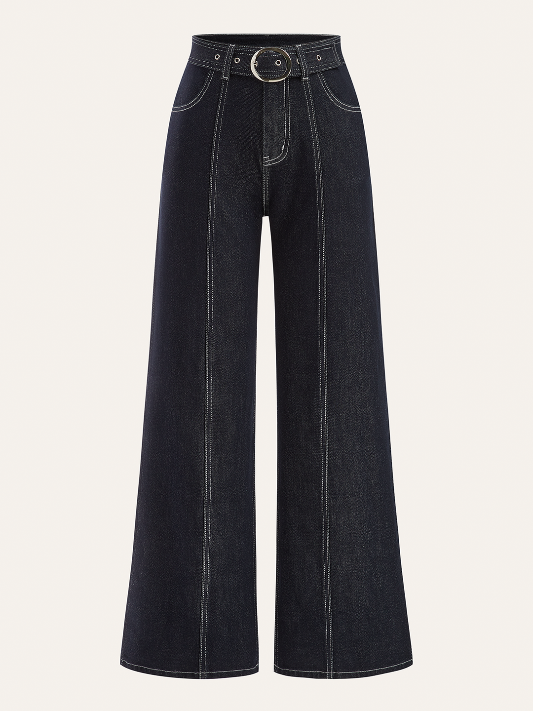Denim Contrast-Stitch Pants with Belt