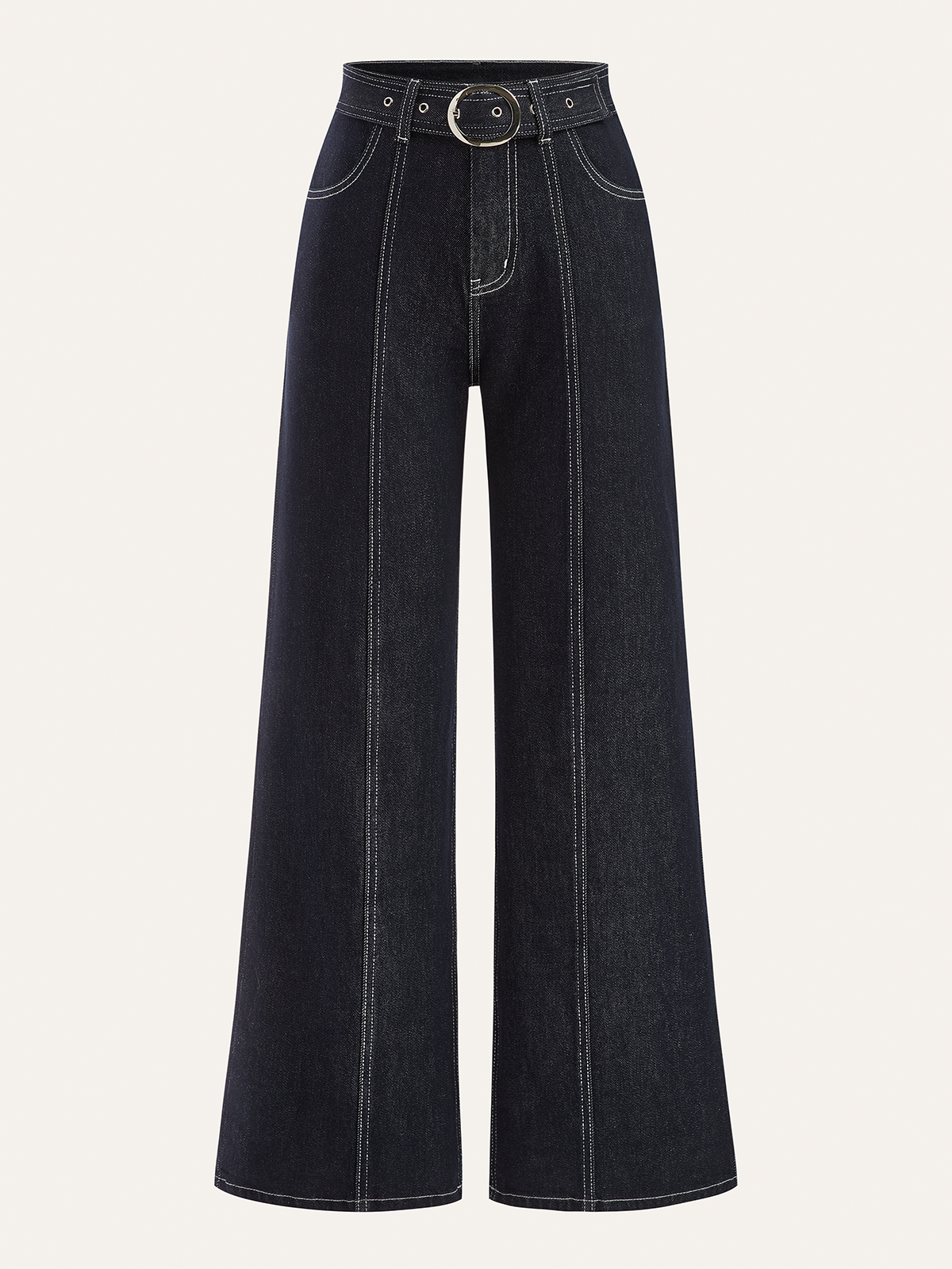 Denim Contrast-Stitch Pants with Belt