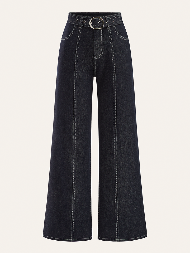 Denim Contrast-Stitch Pants with Belt