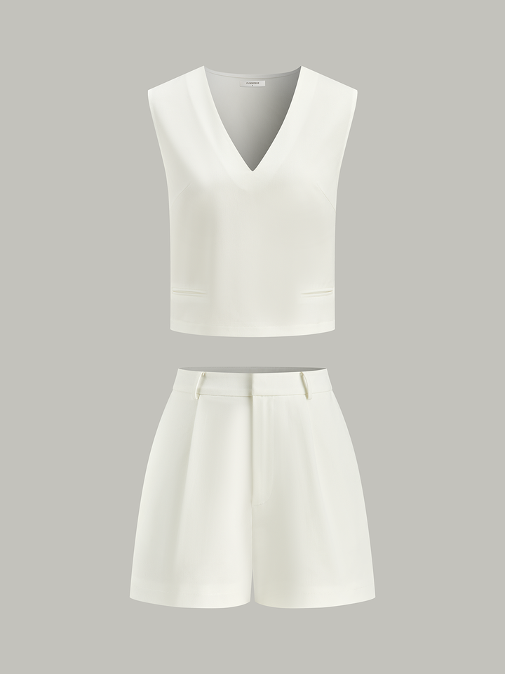 V-Neck Pocketed Top and Pleated Shorts Set