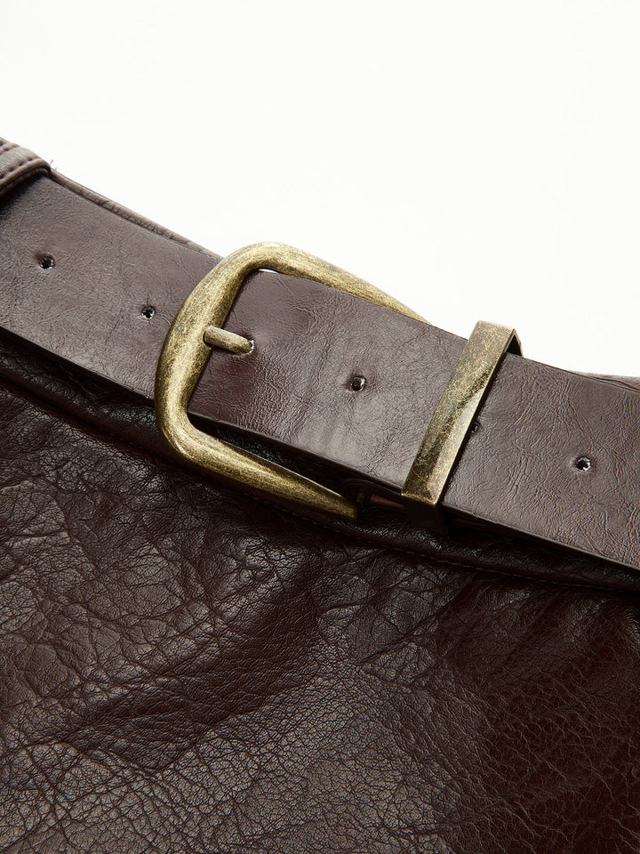 Jacquard Trim PU Leather Mini Skirt with Belt