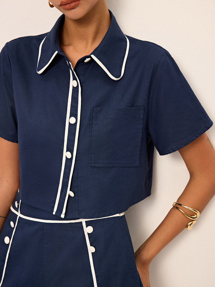 Contrast Piping Crop Shirt and Shorts Set