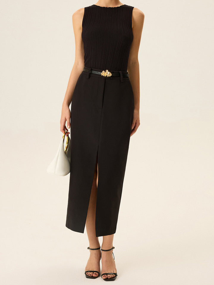 Belted Pocket Slit Midi Skirt
