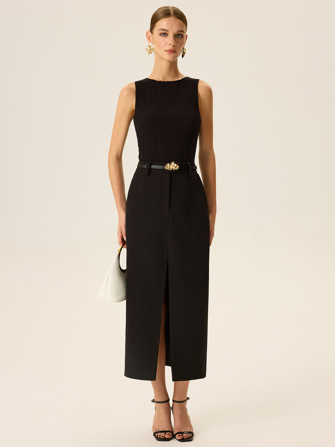 Belted Pocket Slit Midi Skirt