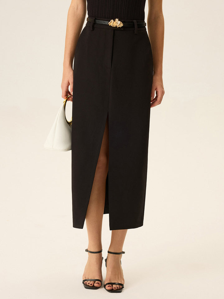 Belted Pocket Slit Midi Skirt