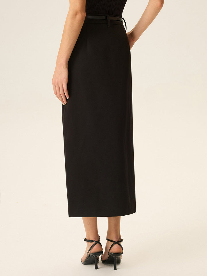Belted Pocket Slit Midi Skirt