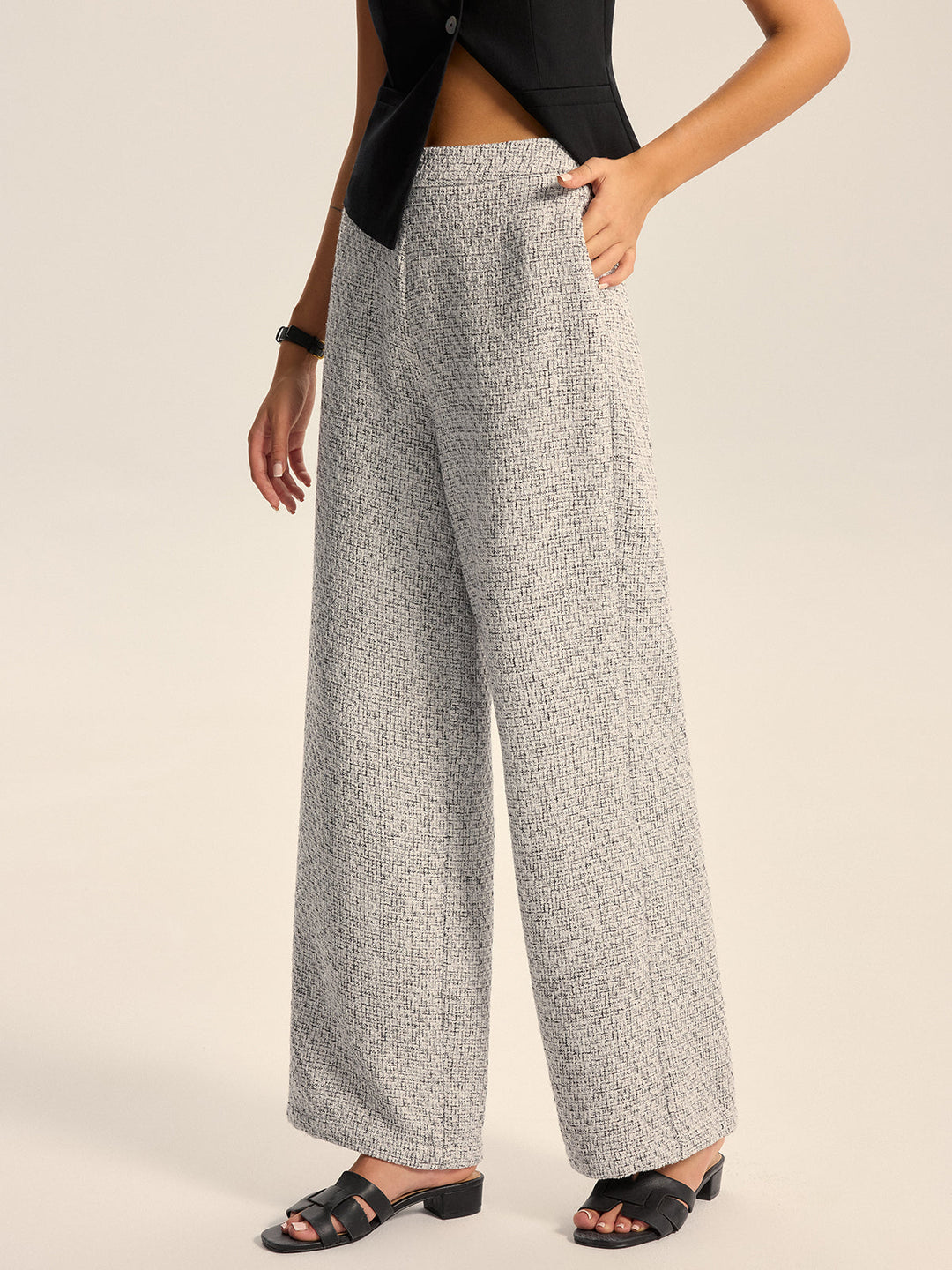 Textured Tweed Wide-Leg Pants