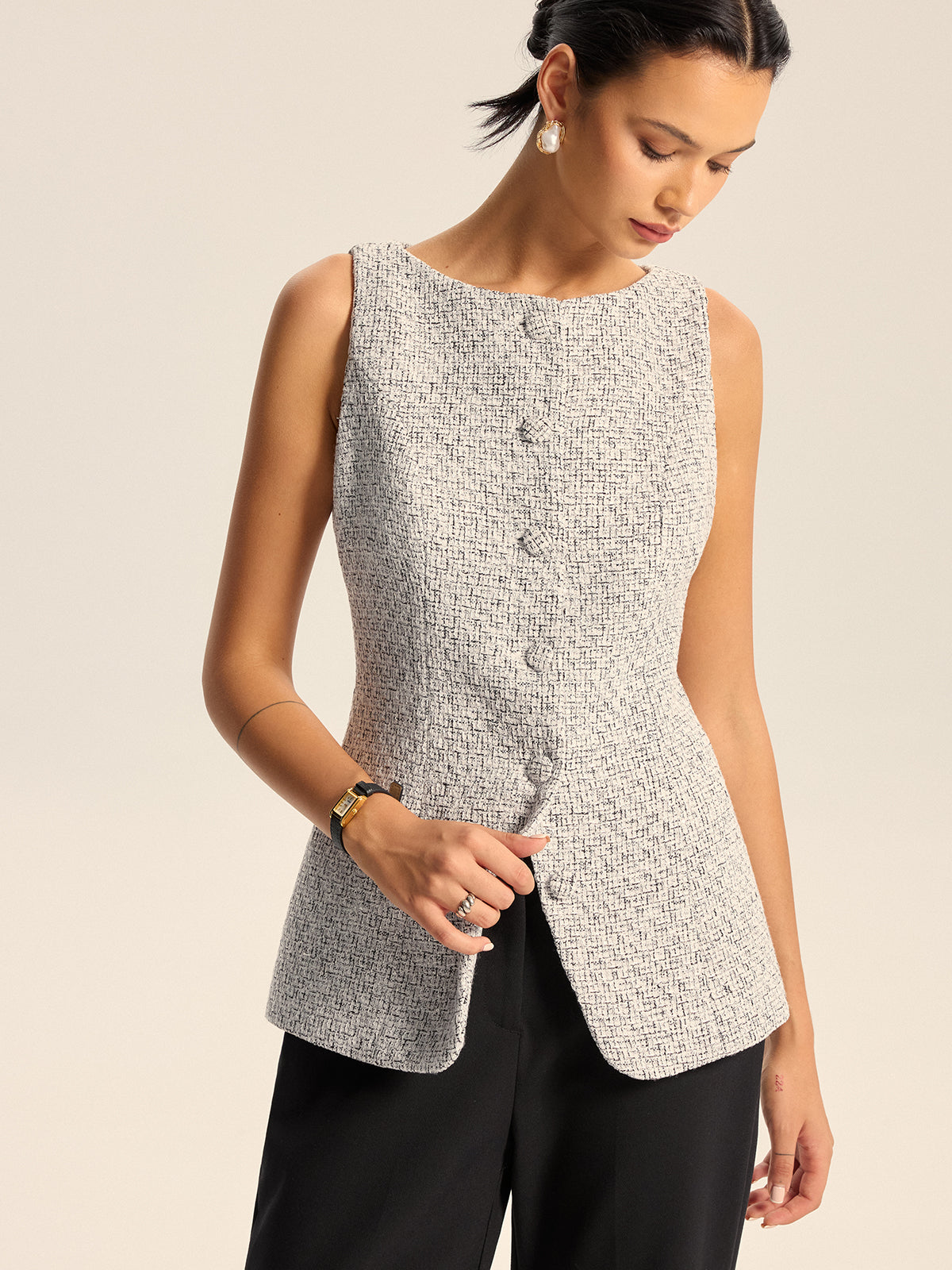 Textured Tweed Wide-Leg Pants