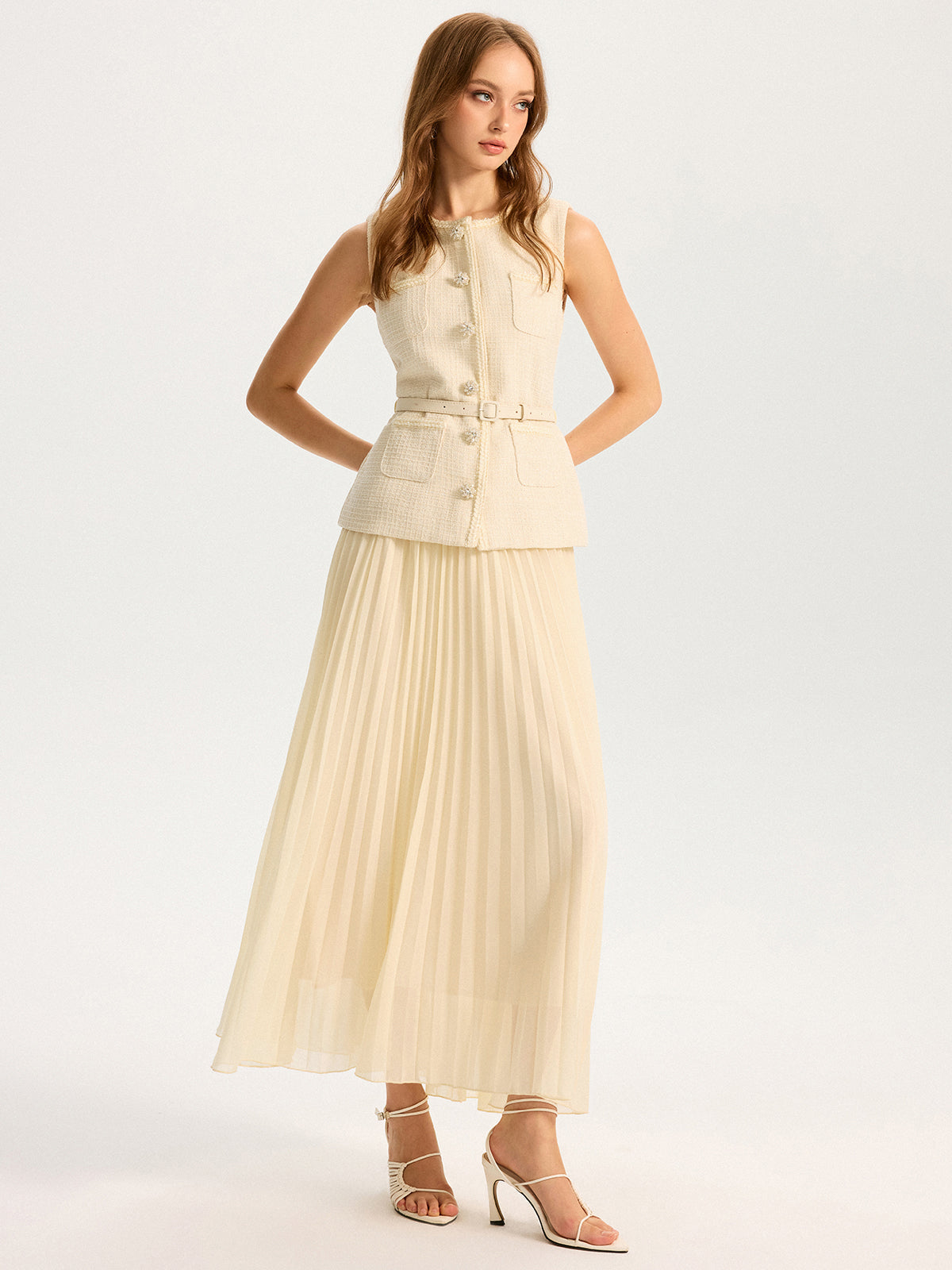 Tweed Sleeveless Vest and Pleated Maxi Skirt Set