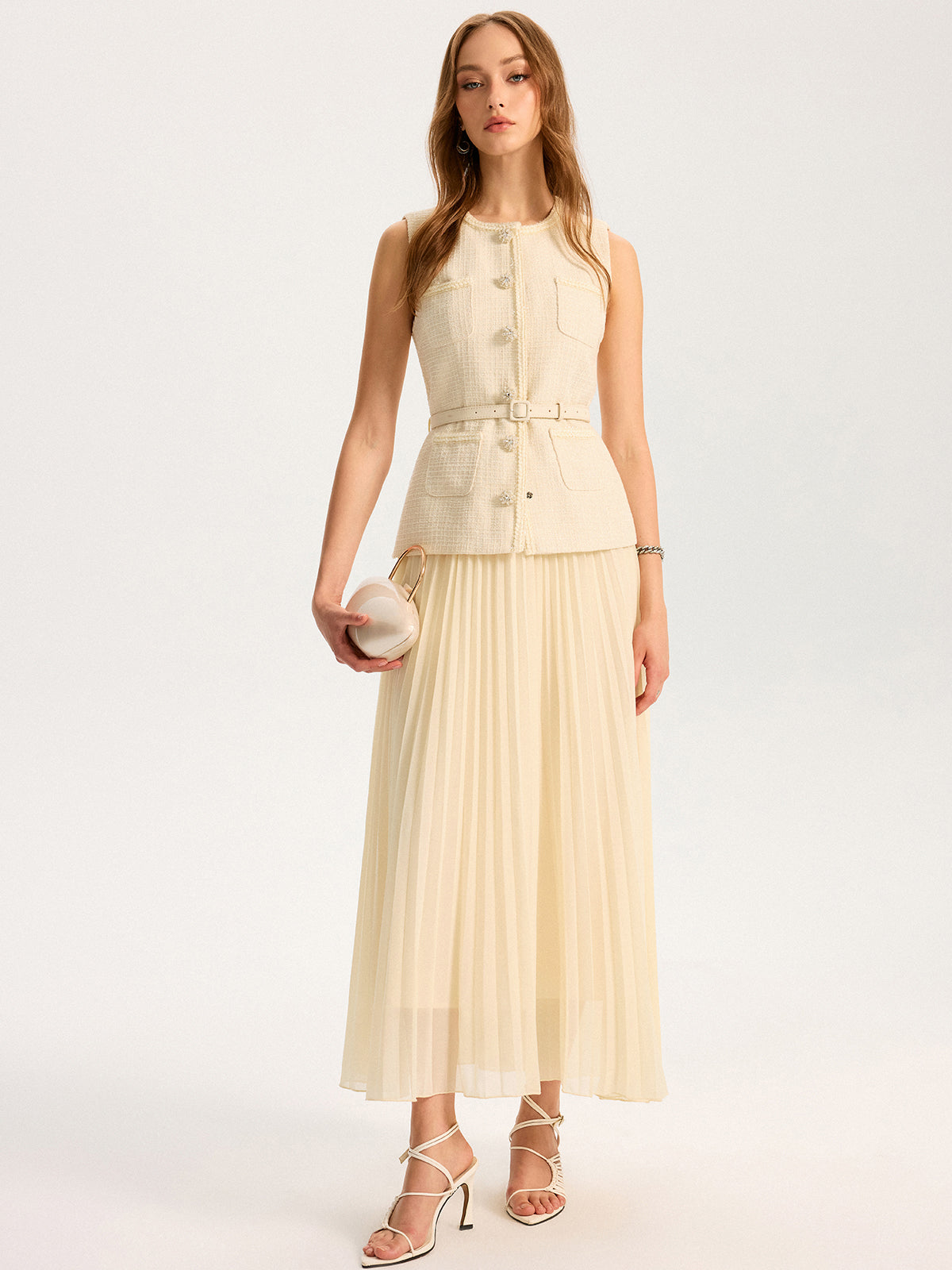 Tweed Sleeveless Vest and Pleated Maxi Skirt Set