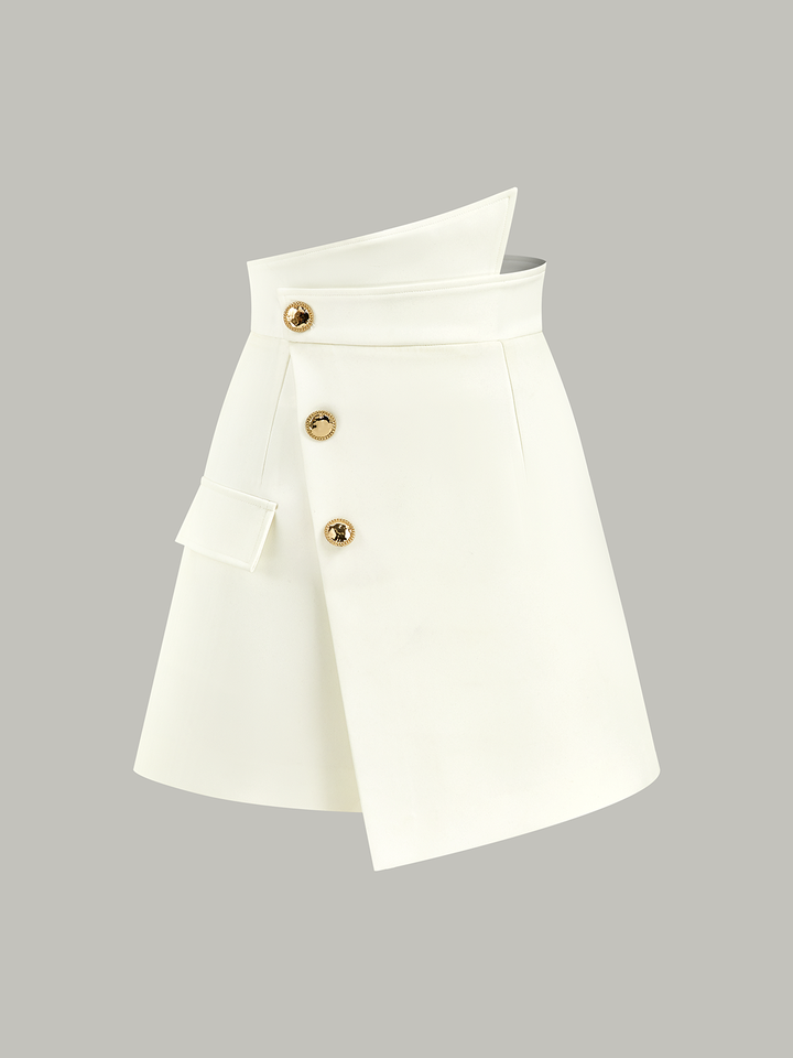 Asymmetric Metal Button Decor Pocket Mini Skirt