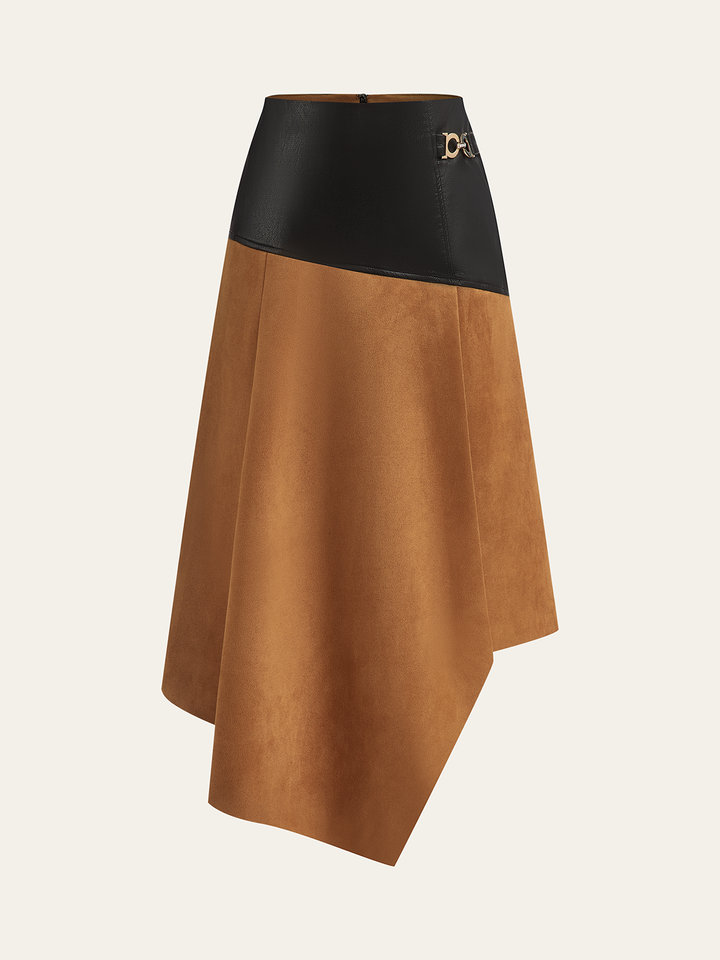 Faux Leather Paneled Suede Effect Asymmetric Midi Skirt