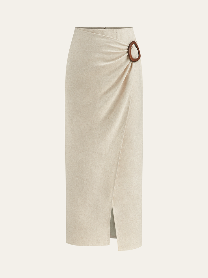 Linen Blend Wrap Midi Skirt with Wooden Buckle