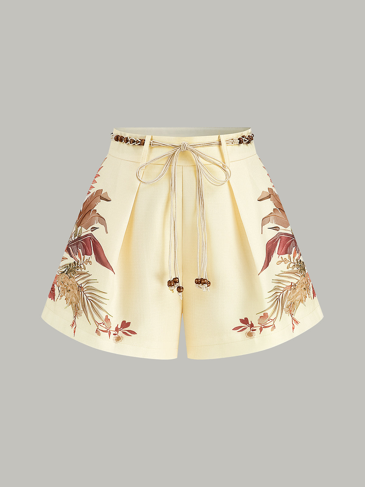 Belted Tropical Print Mid-Waist Shorts