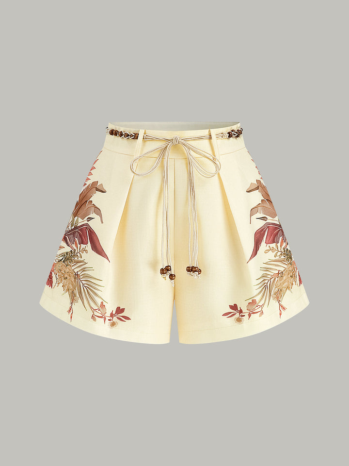 Belted Tropical Print Mid-Waist Shorts