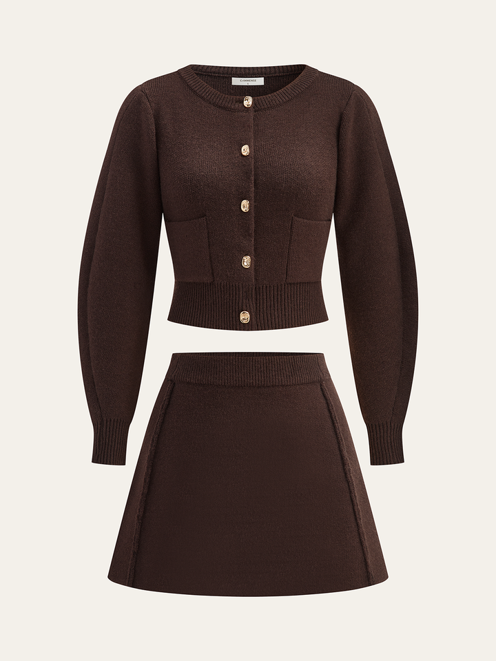 Lamb Sleeve Metal Button Knit Top and Skirt Set