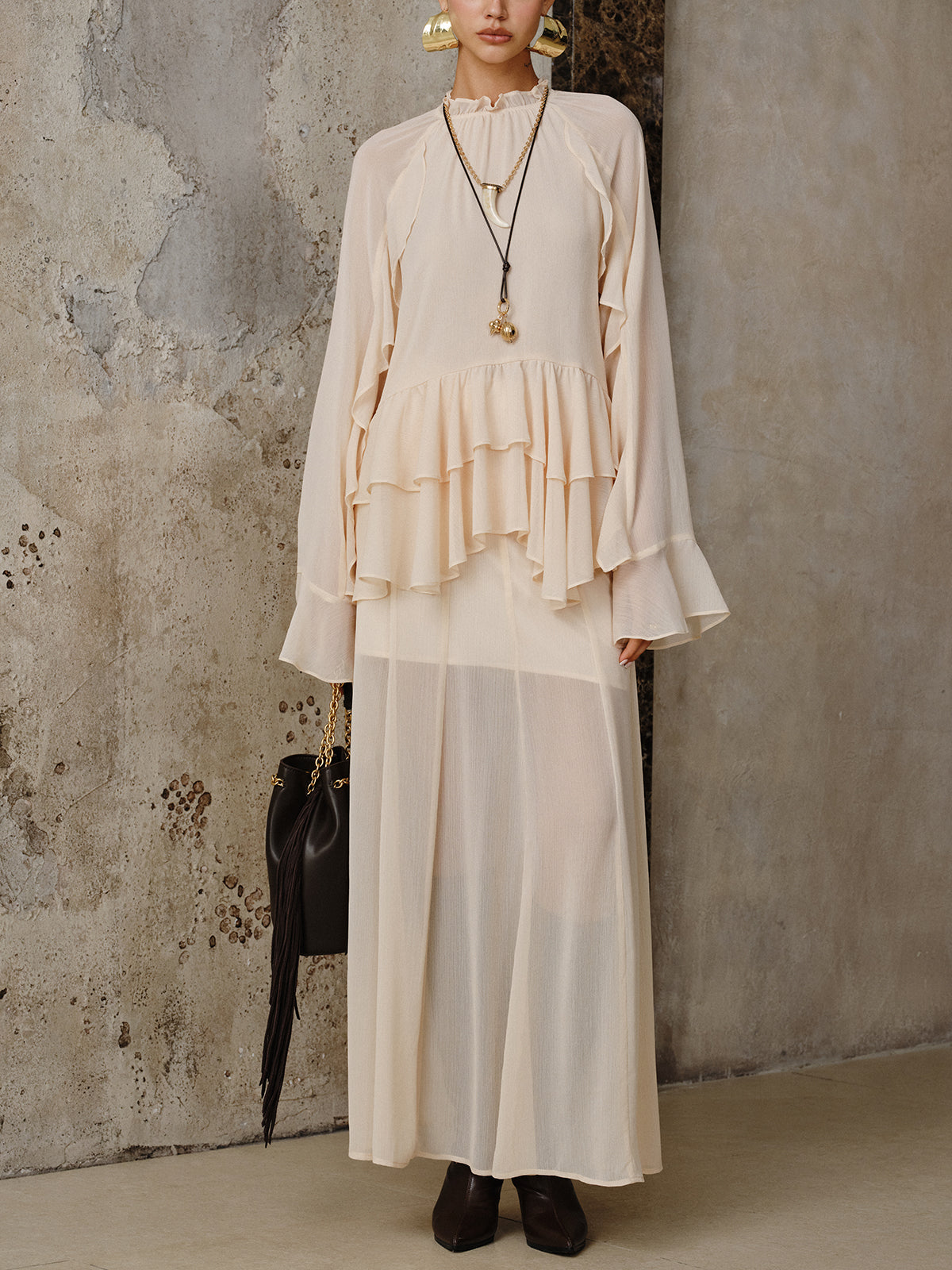 Chiffon Tiered Ruffle Top and Skirt Set