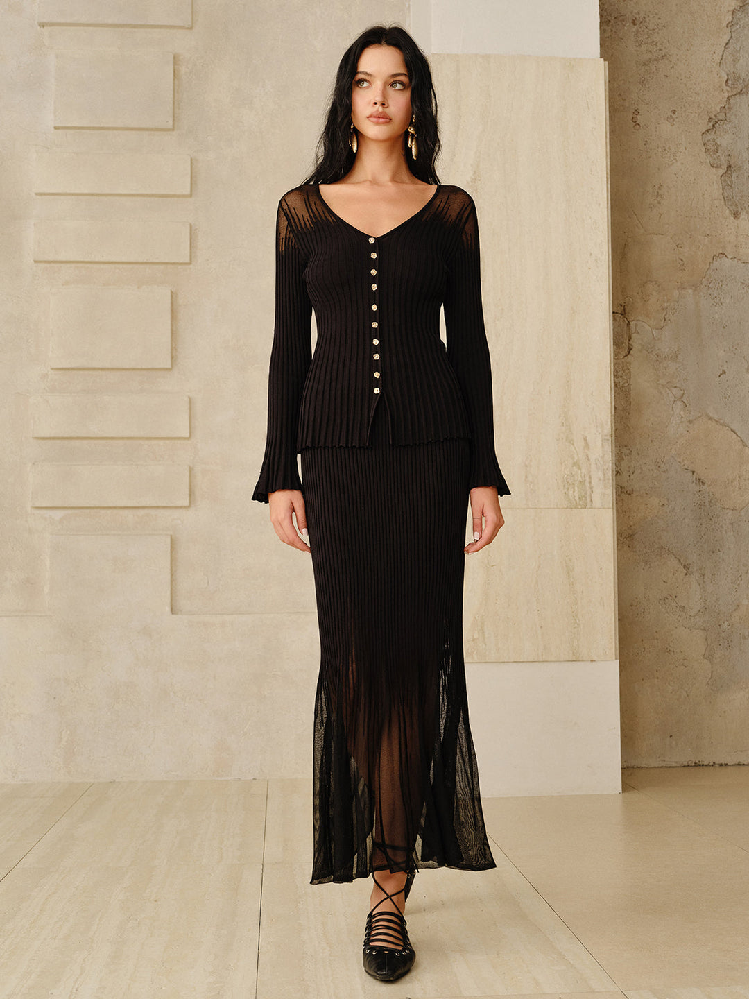 Mesh Hem Ribbed Knit Mermaid Skirt