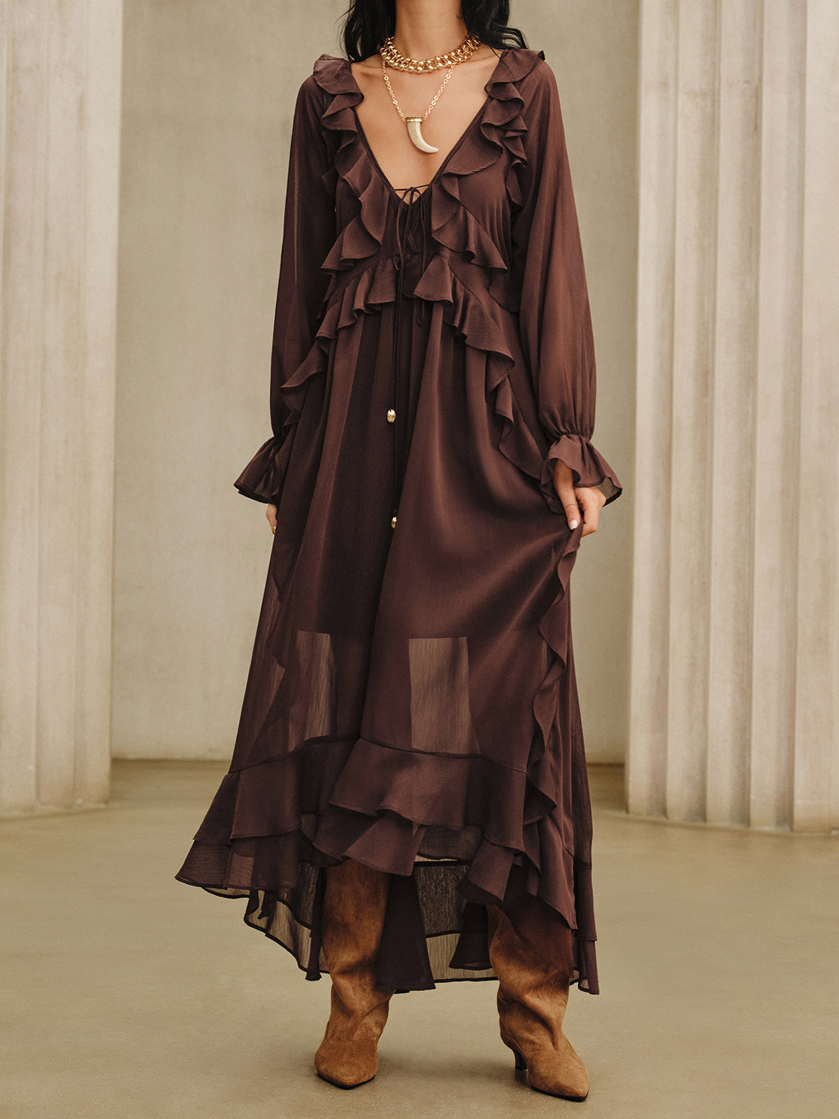 Ruffled Chiffon Maxi Dress Set with Cami Dress Liner