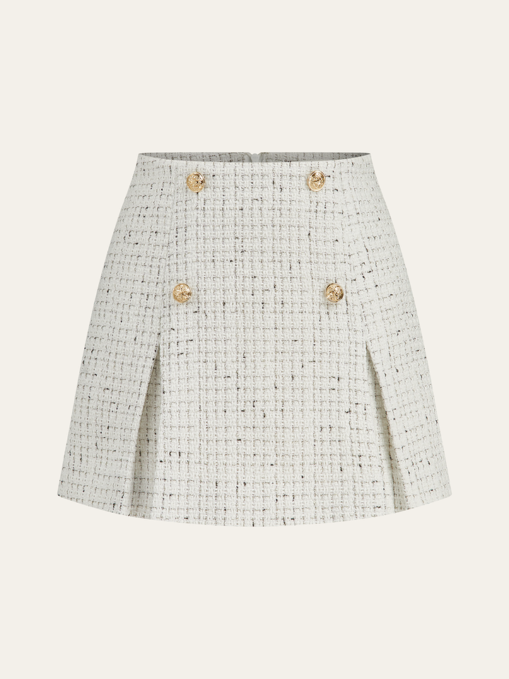 Metal Button Pleated Tweed Mini Skirt