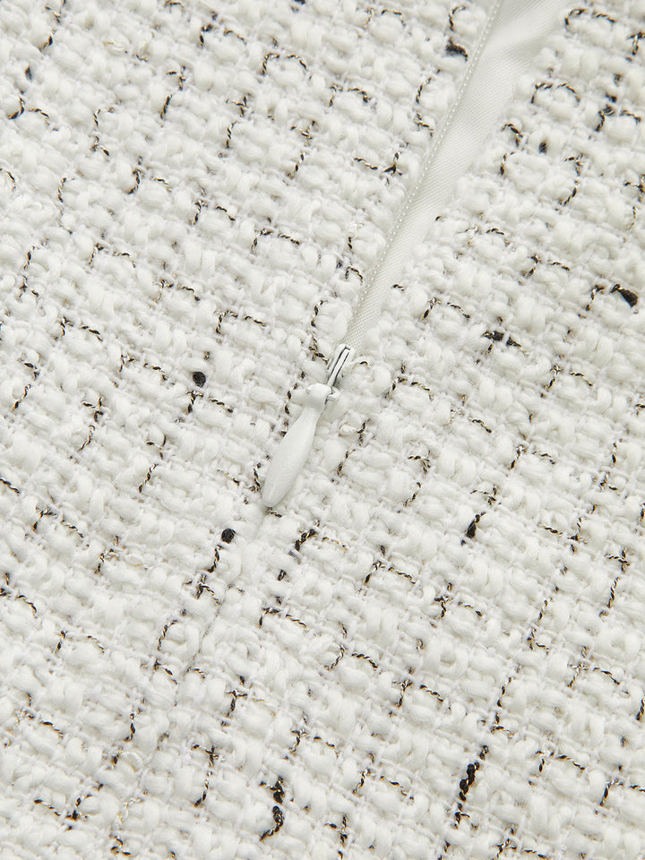 Metal Button Pleated Tweed Mini Skirt