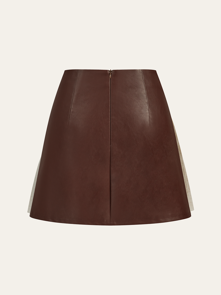 PU Panel Cotton & Linen Pleated Mini Skirt