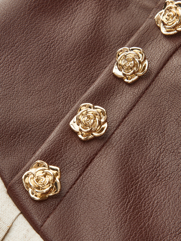 PU Panel Cotton & Linen Pleated Mini Skirt